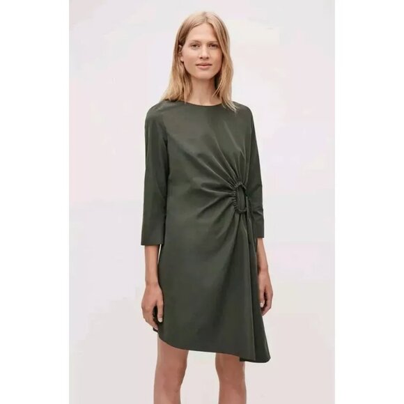 COS Army Green Asymmetrical Hem Gathered Circle A-Line Dress, Size 6 - Picture 2 of 7